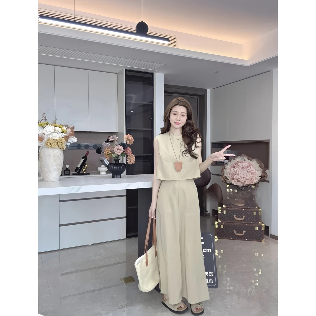 夏季新款两件套短款高腰阔腿裤时尚显瘦气质