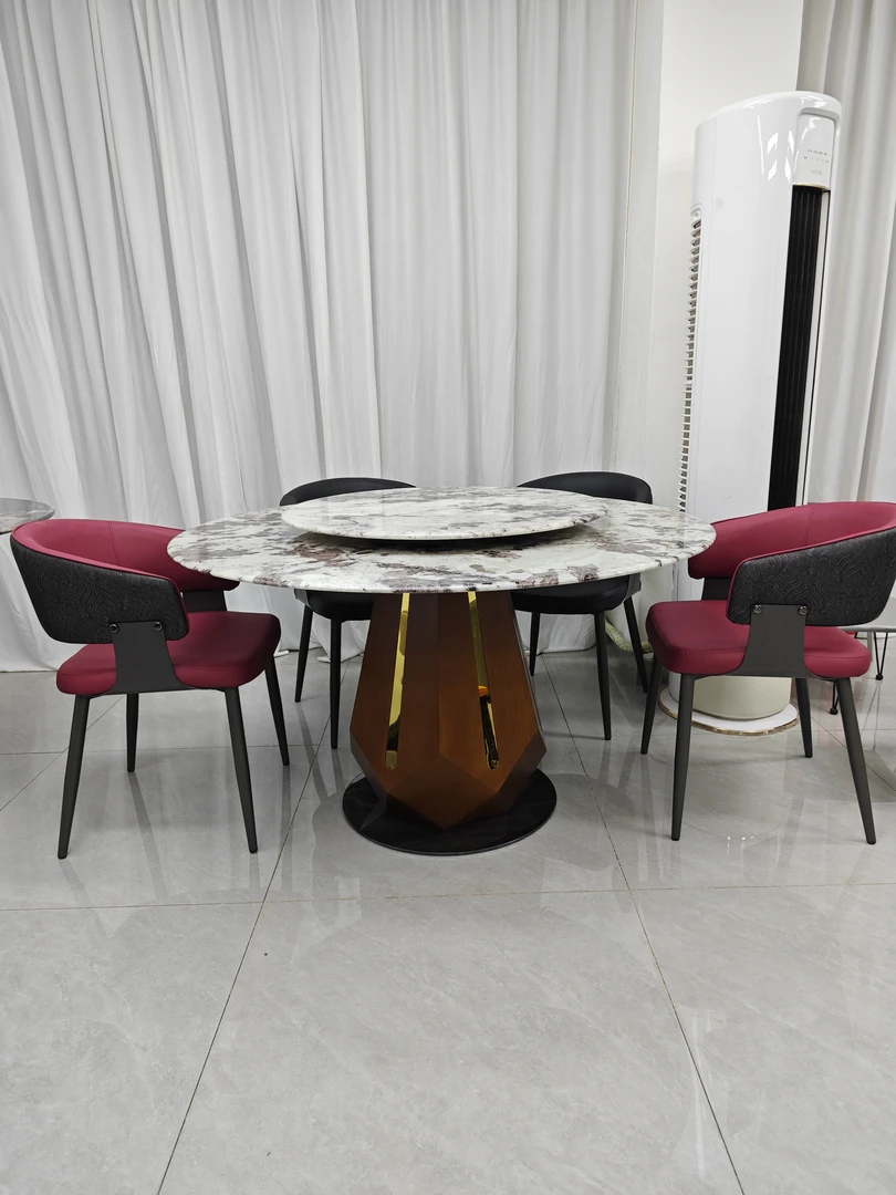 雪山飞狐天然大理石餐桌小户型吃饭桌子纯圆桌家用餐桌椅子大圆桌