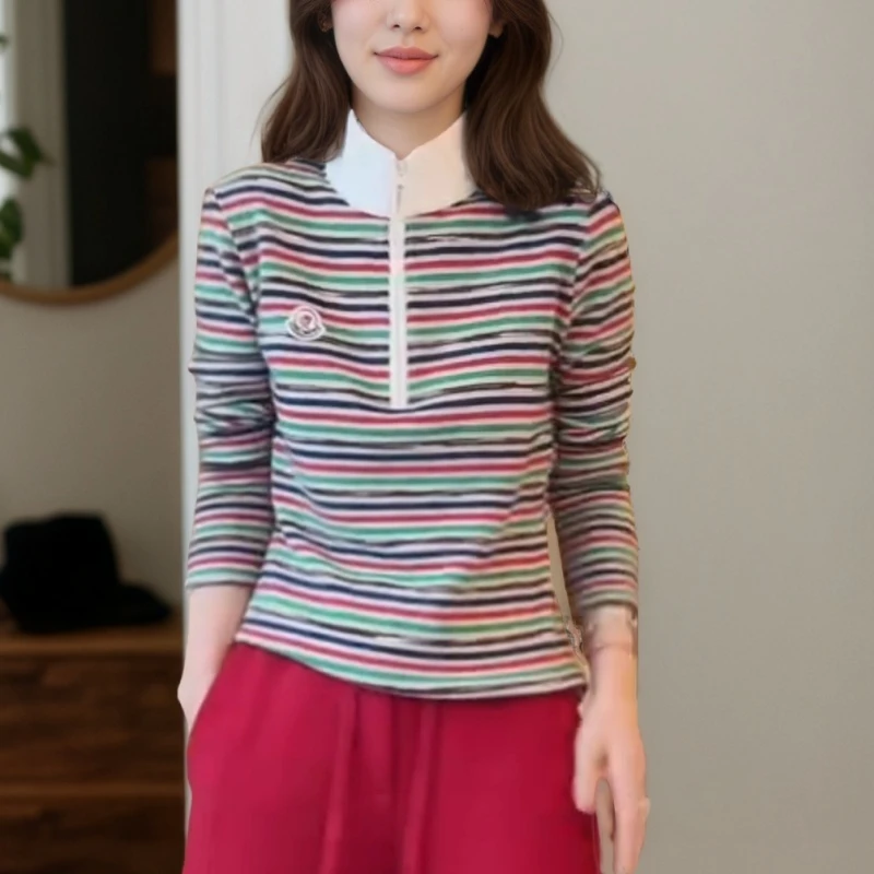 【森系彩虹】秋冬新款彩虹条纹拼接立领卫衣上衣LK2508692