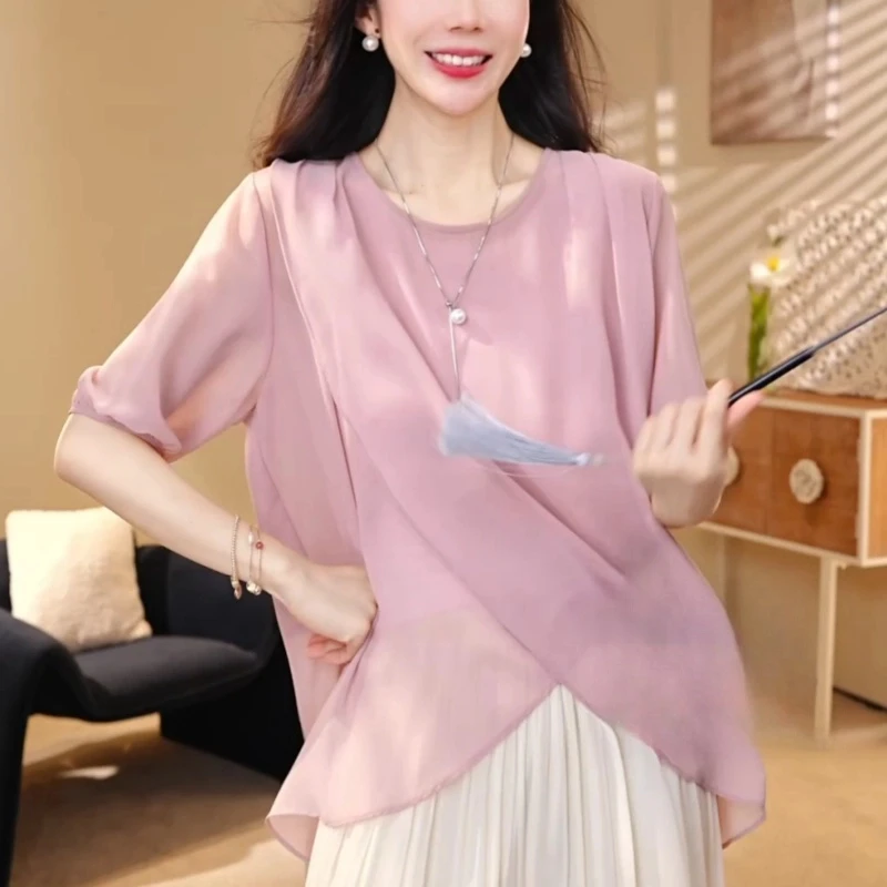 夏季新款荷叶双层气质优雅斜开叉上衣宽松显瘦遮肉防晒温柔风小衫