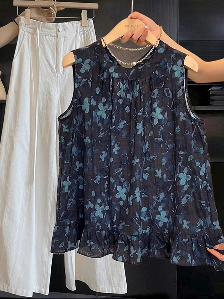 【松烟入墨】法式复古碎花无袖背心衬衫女夏季外穿荷叶边吗棉麻上衣
