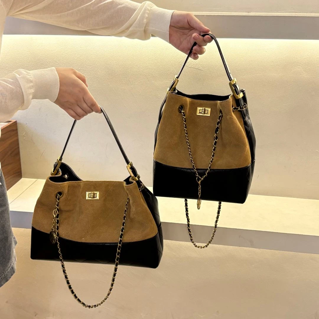 2025菱格绣线拼皮拼色链条包 小众轻奢简约时尚气质百搭通勤