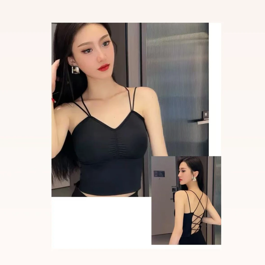夏季凉感冰丝性感交叉小胸显大厚杯垫吊带打底外穿背心