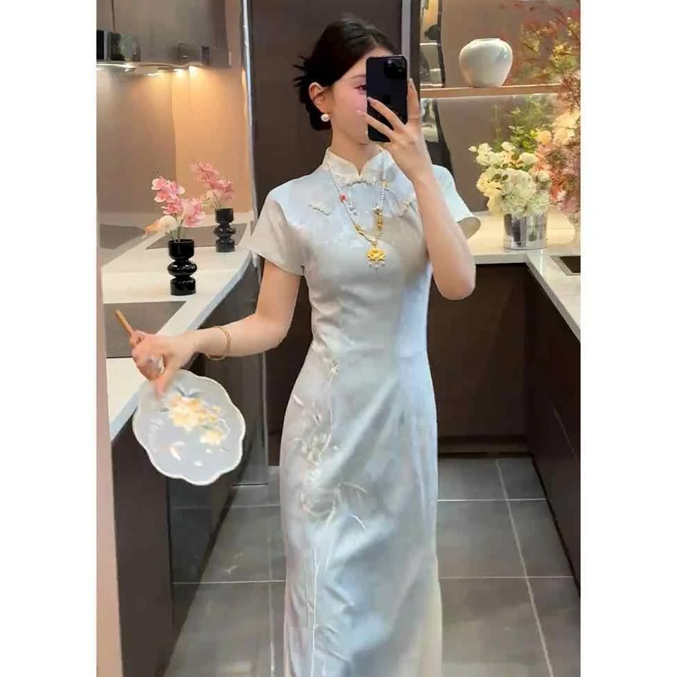 夏季多巴胺穿搭新中式国风改良旗袍名媛气质女神范超火蓝色连衣裙