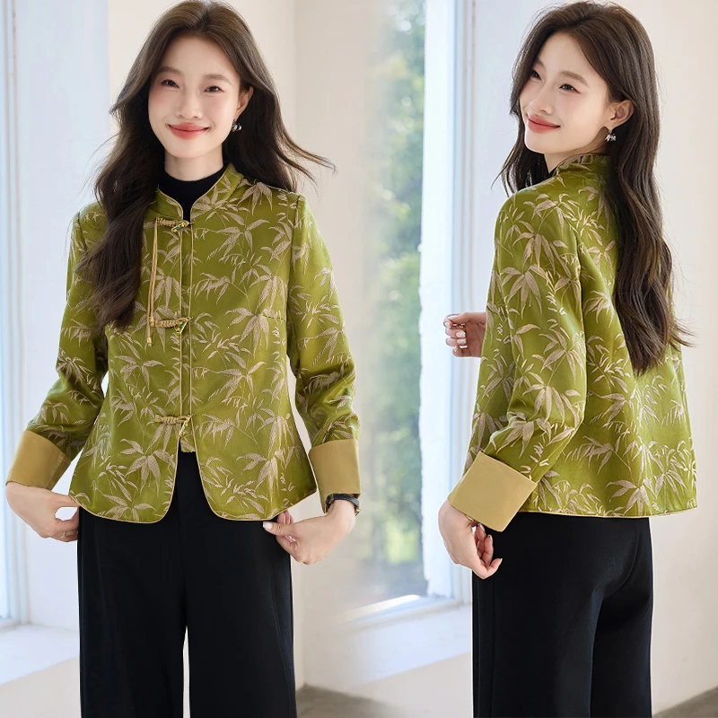 新中式国风提花立领盘扣外套女2025新款复古盘扣提花宽松上衣