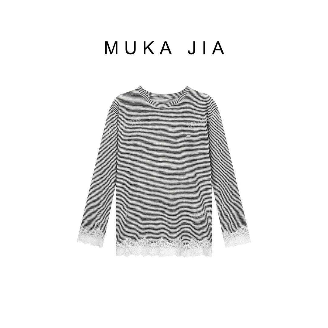 木卡家 春季新款条纹蕾丝百搭圆领拼接休闲宽松气质长袖T恤