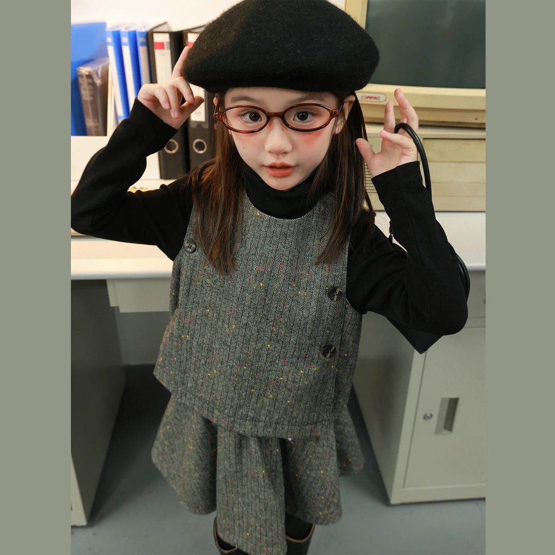 utouto大耳象女童彩点毛呢背心+毛呢半裙2025冬季新套装2408488