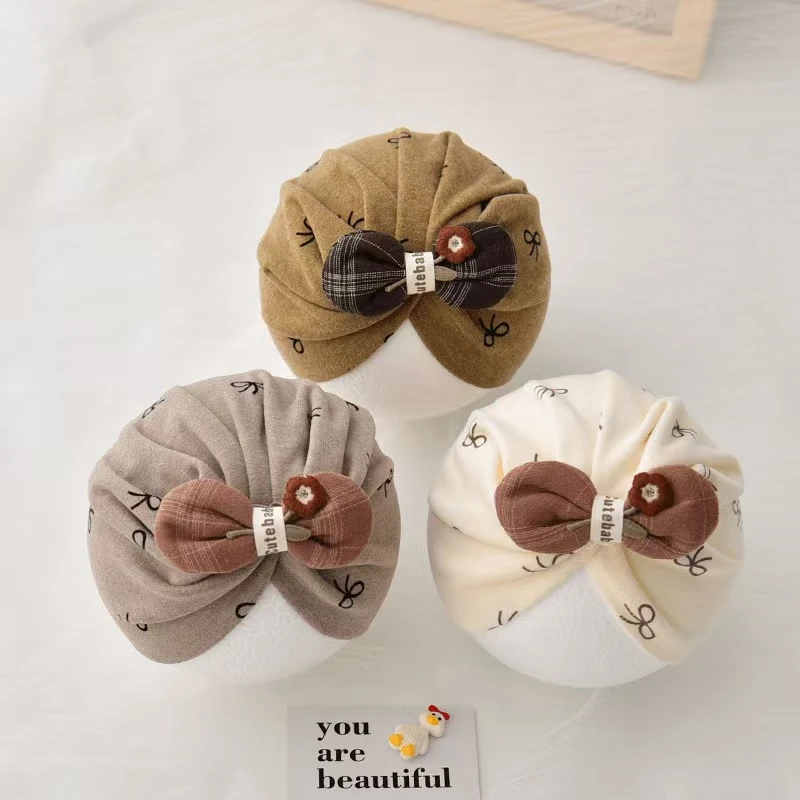 宝宝帽子春秋季蝴蝶结套头帽新生儿0-6月婴幼儿护囟门胎帽包头帽