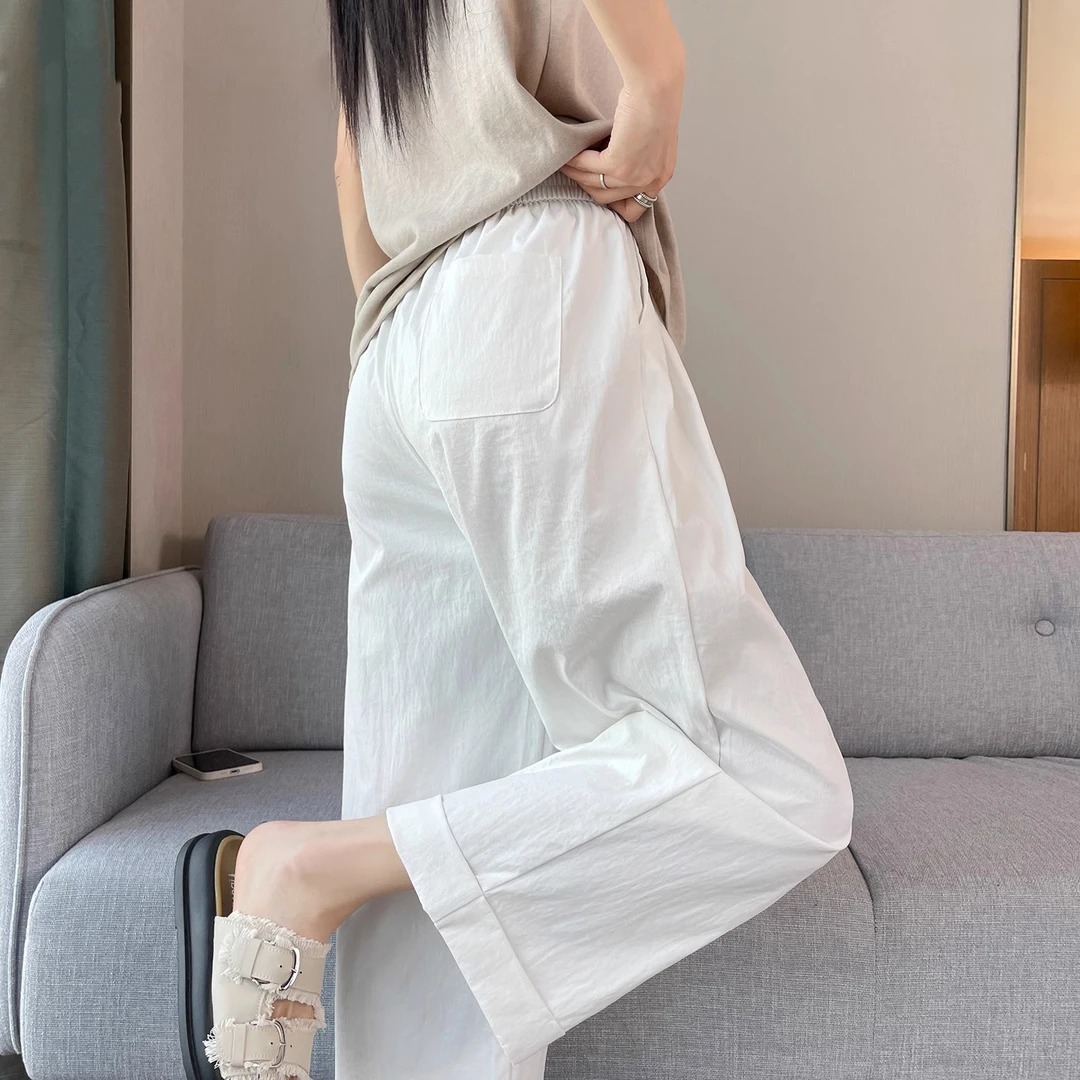 白色冰丝阔腿裤女2025夏季新款九分高腰宽松垂感休闲小个子直筒裤