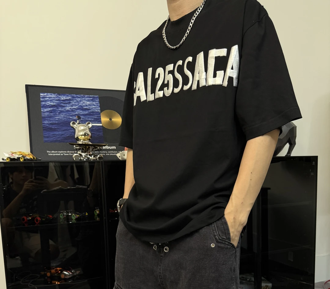 【水哥开发】银色胶带短袖oversize宽松百搭夏季轻奢男女同款