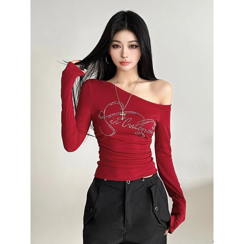 美式斜肩长袖t恤女早秋新款修身拼接设计感修身显瘦纯欲风上衣ins