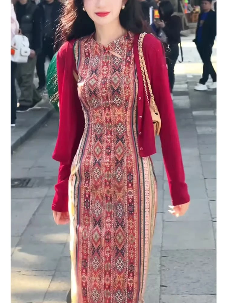 秋季穿搭一整套秋游出行衣服高级感女人味红色开衫连衣裙套装女装