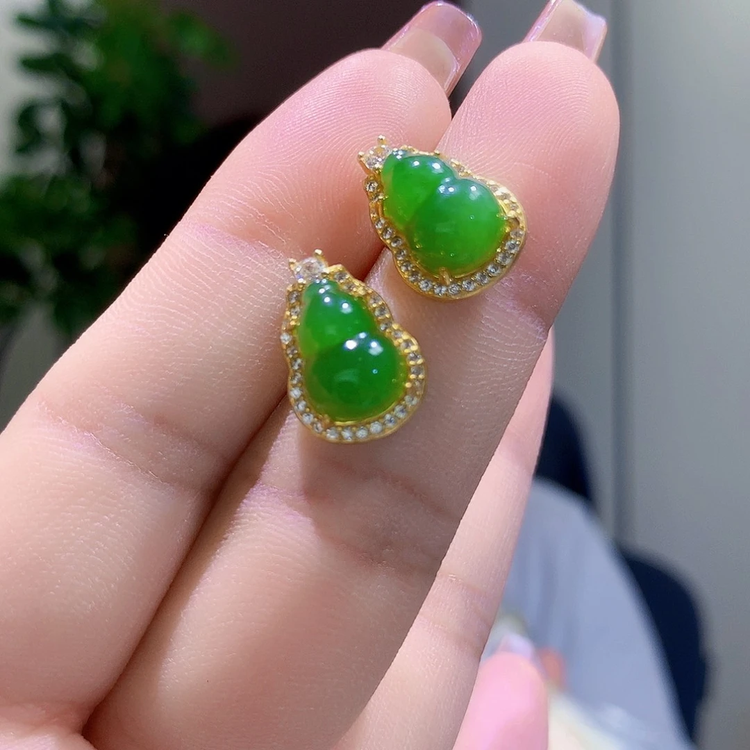 和田玉（碧玉）银S925镀金镶嵌耳饰