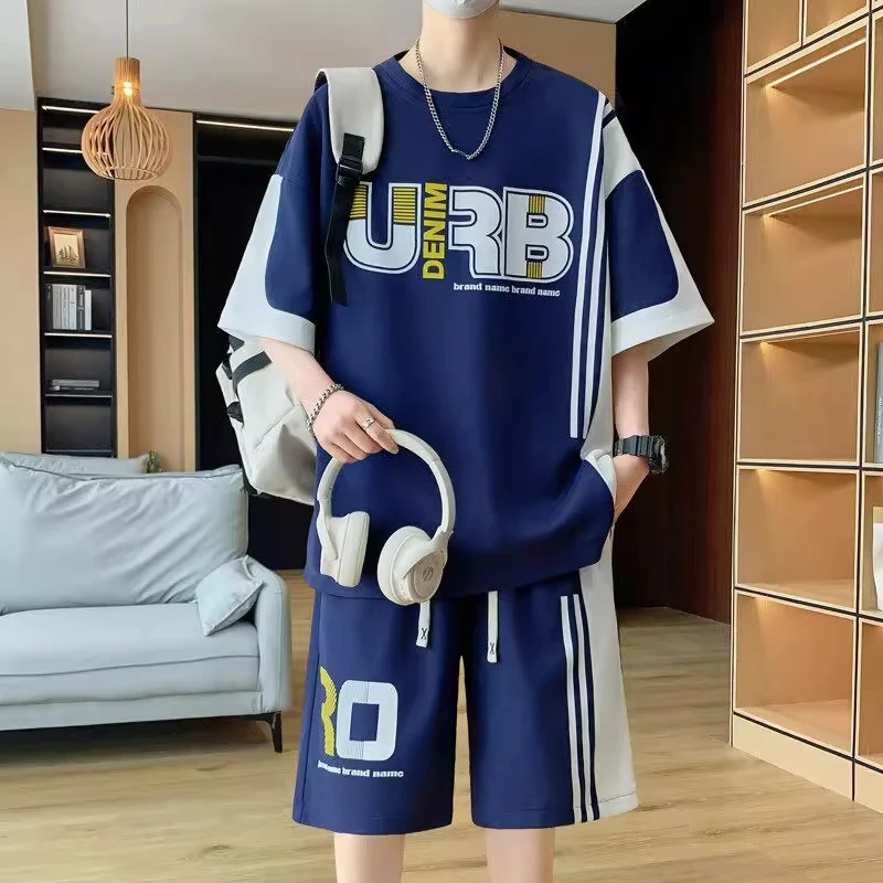 大码男装100-280斤夏装帅气冰丝短袖t恤男青少年短袖休闲运动套装