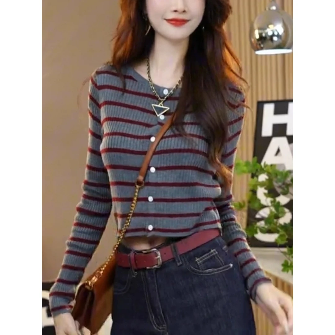 红灰条纹撞色长袖显瘦针织开衫女春秋新款小个子时尚修身打底上衣