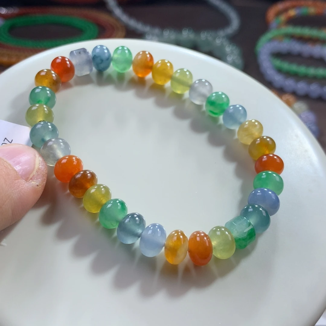 翡翠未镶嵌手链高品相性价比冰浓彩多宝鼓珠手串卡7.7~8