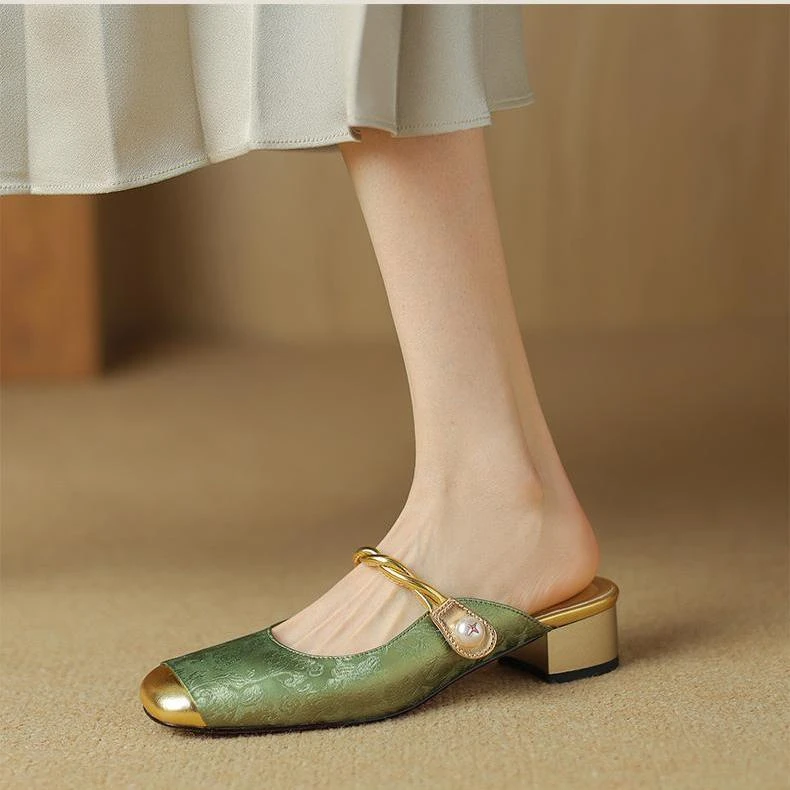 粗跟配裙子一字带凉拖女夏季外穿2025新款中式国风仙女包头半拖鞋