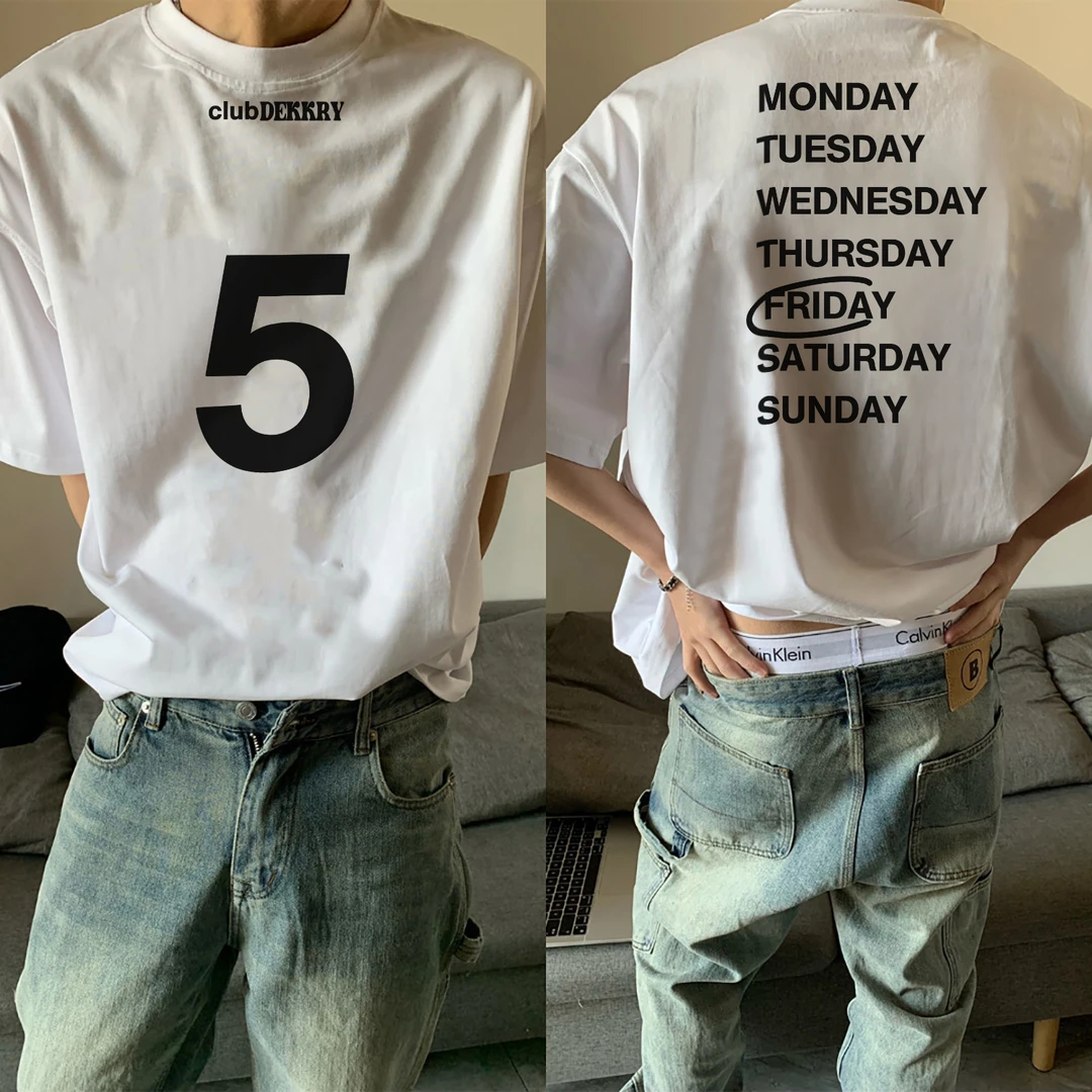 100%纯棉美式潮流数字字母印花短袖t恤男女休闲夏季宽松情侣上衣