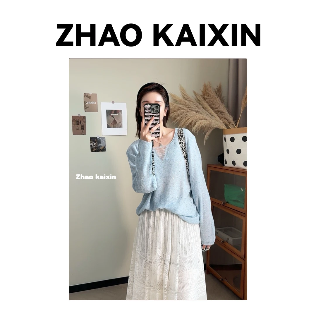 【赵开心】羊毛天丝圆领混纺肌理感大V领微镂空针织防晒罩衫女气质