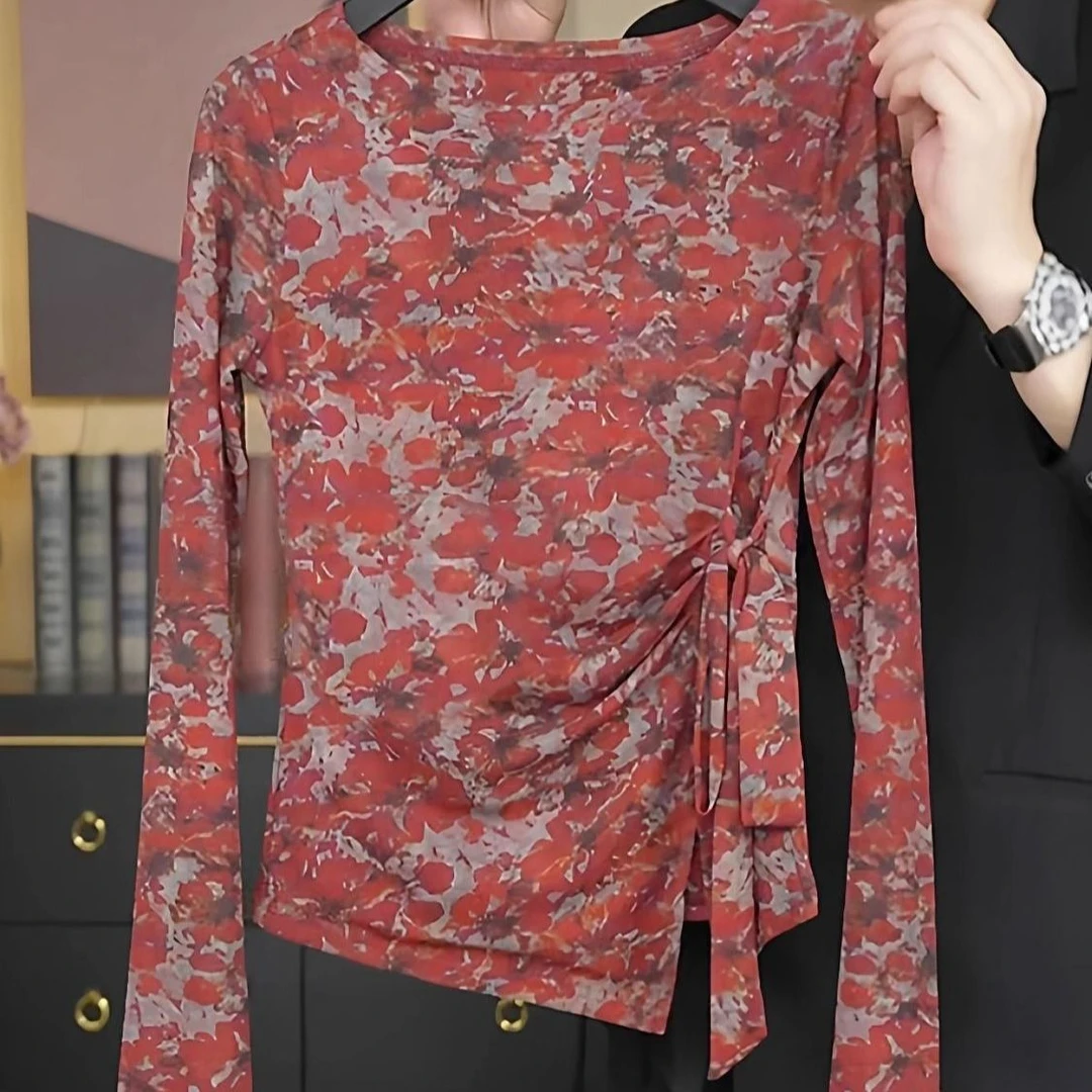 大码女装秋季新款双层网纱绑带长袖碎花T恤修身洋气复古胖mm上衣