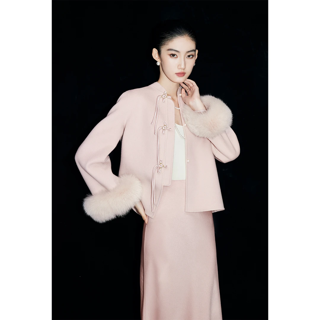 【达人专属】MandyZhang羊绒羊毛双面毛呢外套女冬狐狸毛袖DY2149