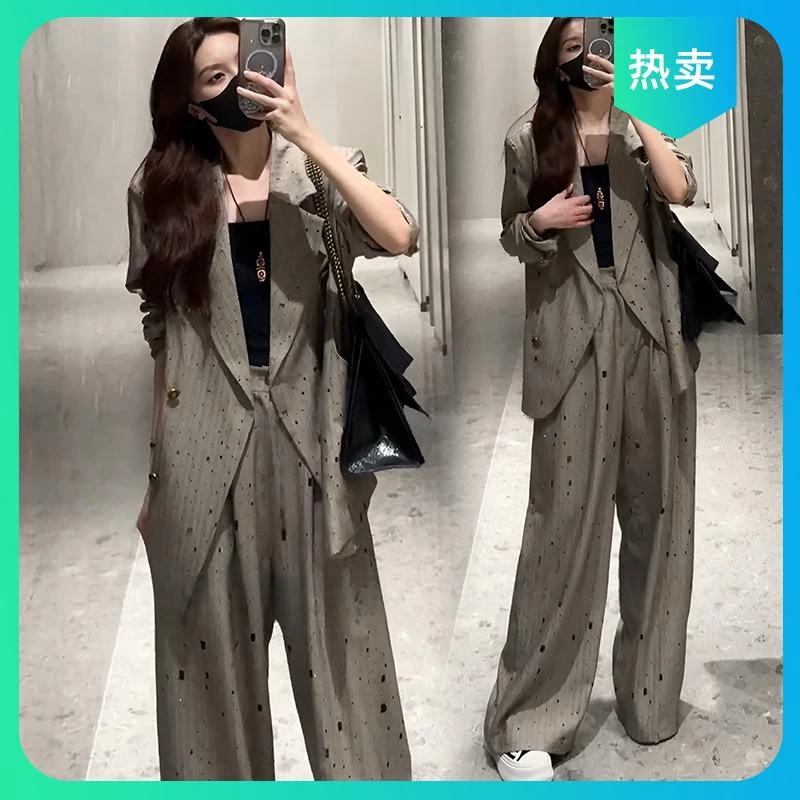 韩版时尚设计感西装外套女+高腰阔腿裤气质两件套装2025春秋新款