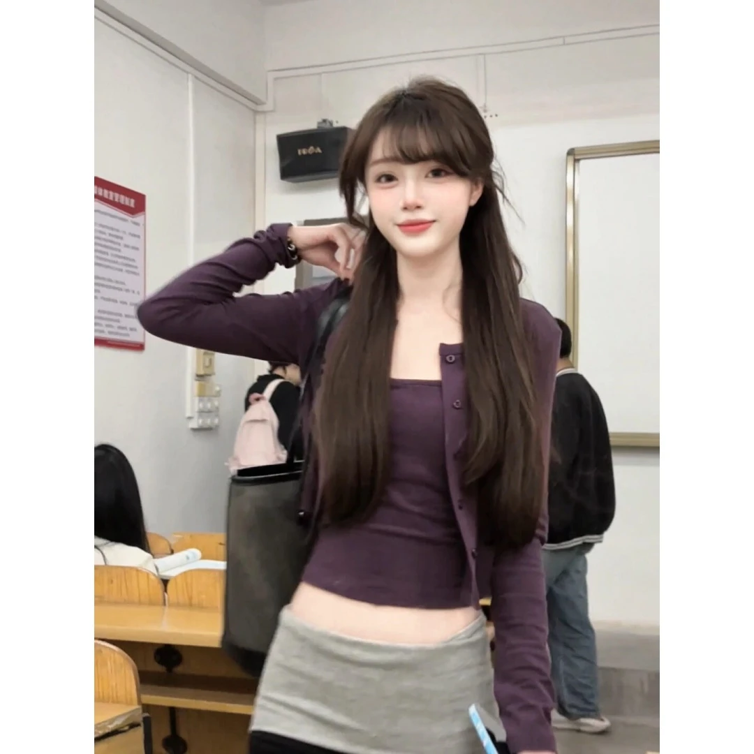 MARIE.COCO紫色吊带针织开衫纯欲两件套黑色低腰拼接微喇瑜伽长裤