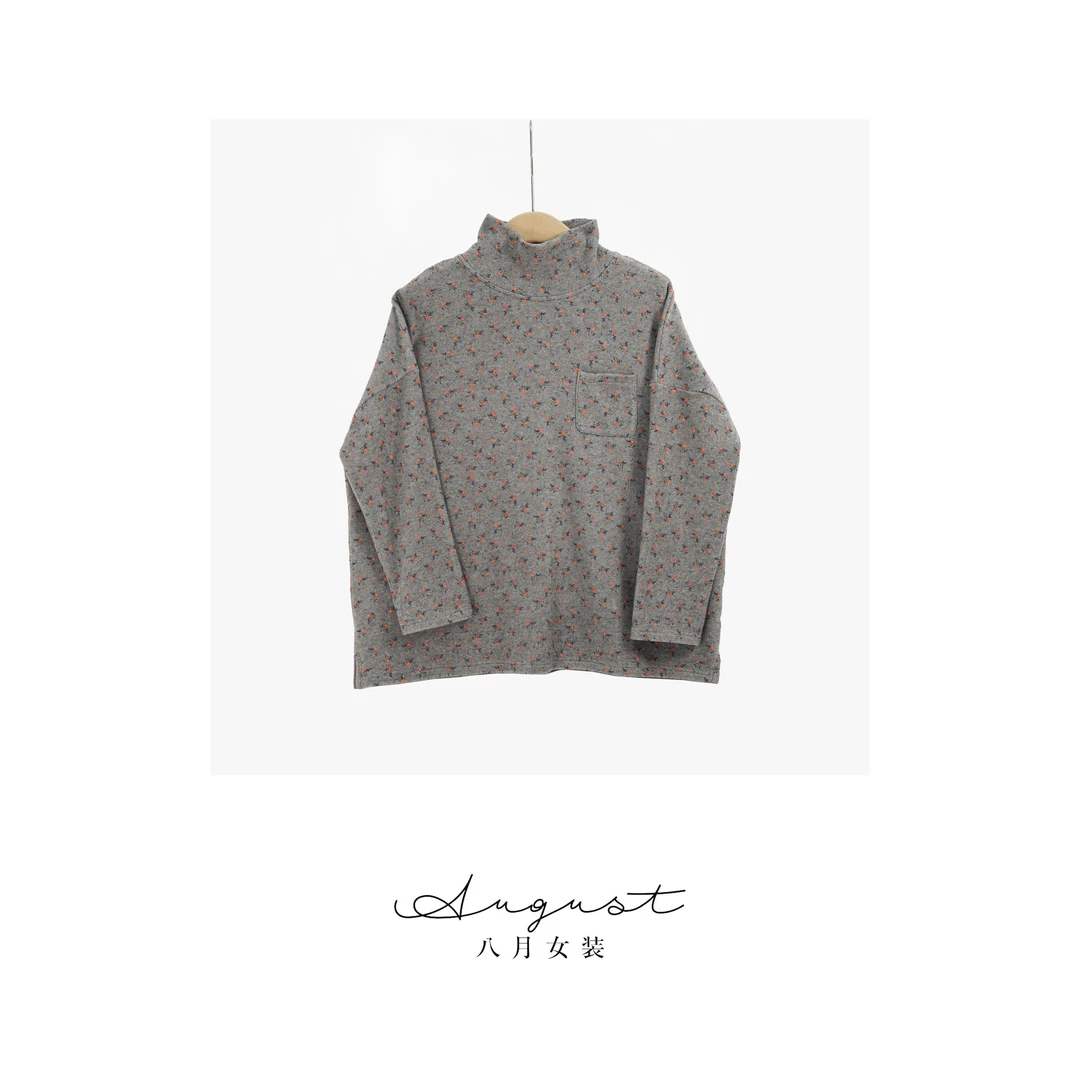 【BAYUE】3727T恤长袖满印碎花套头复古休闲风秋冬款加厚圆领