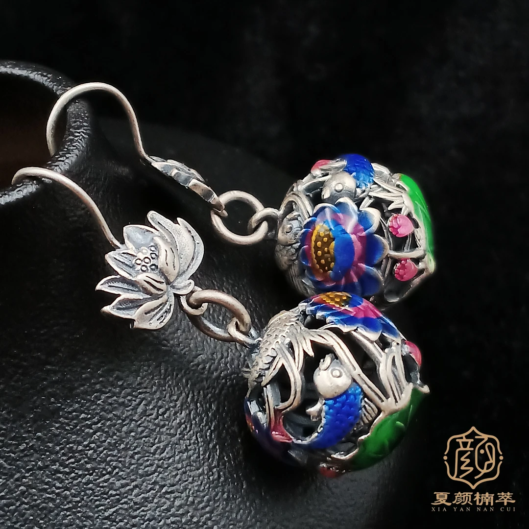925银耳饰 【夏颜楠萃】S925银 珐琅彩 绣球鱼戏莲花耳饰 国风