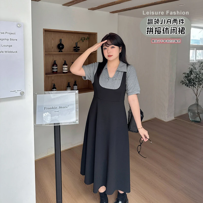 大码法式短袖POLO领连衣裙女夏季收腰开叉长裙胖MM高级感针织裙子