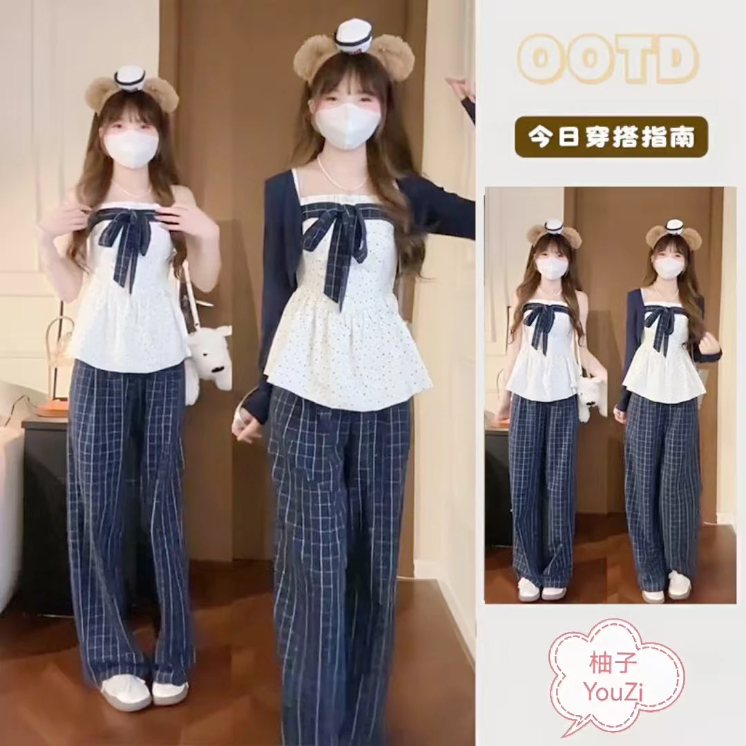 学院风休闲慵懒甜美套装早秋显瘦蝴蝶结吊带秋装女款爆款2025新款