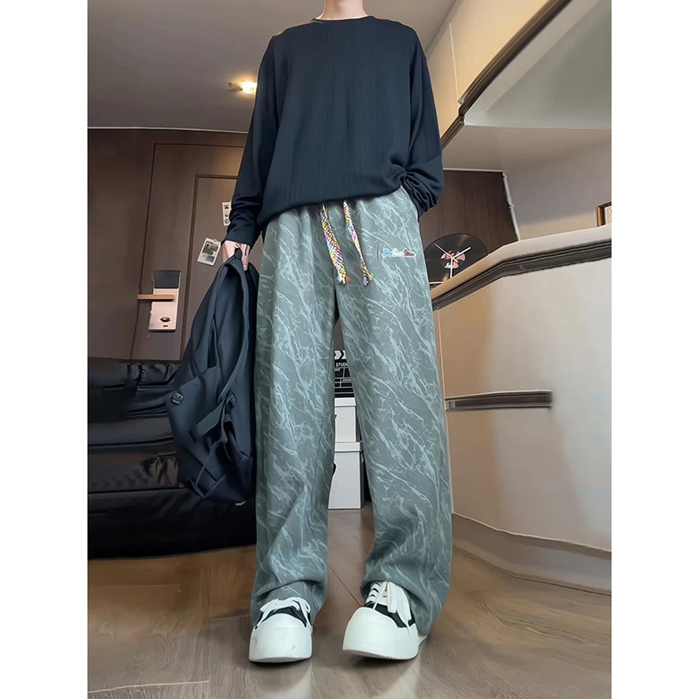 军绿色美式扎染刺绣裤子男秋季飘带抽绳休闲裤宽松慵懒风阔腿卫裤