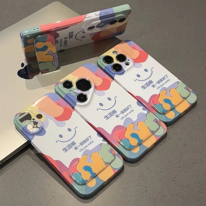 涂鸦笑脸镜子支架适用苹果16/15pro手机壳华为P70oppo小米15vivo