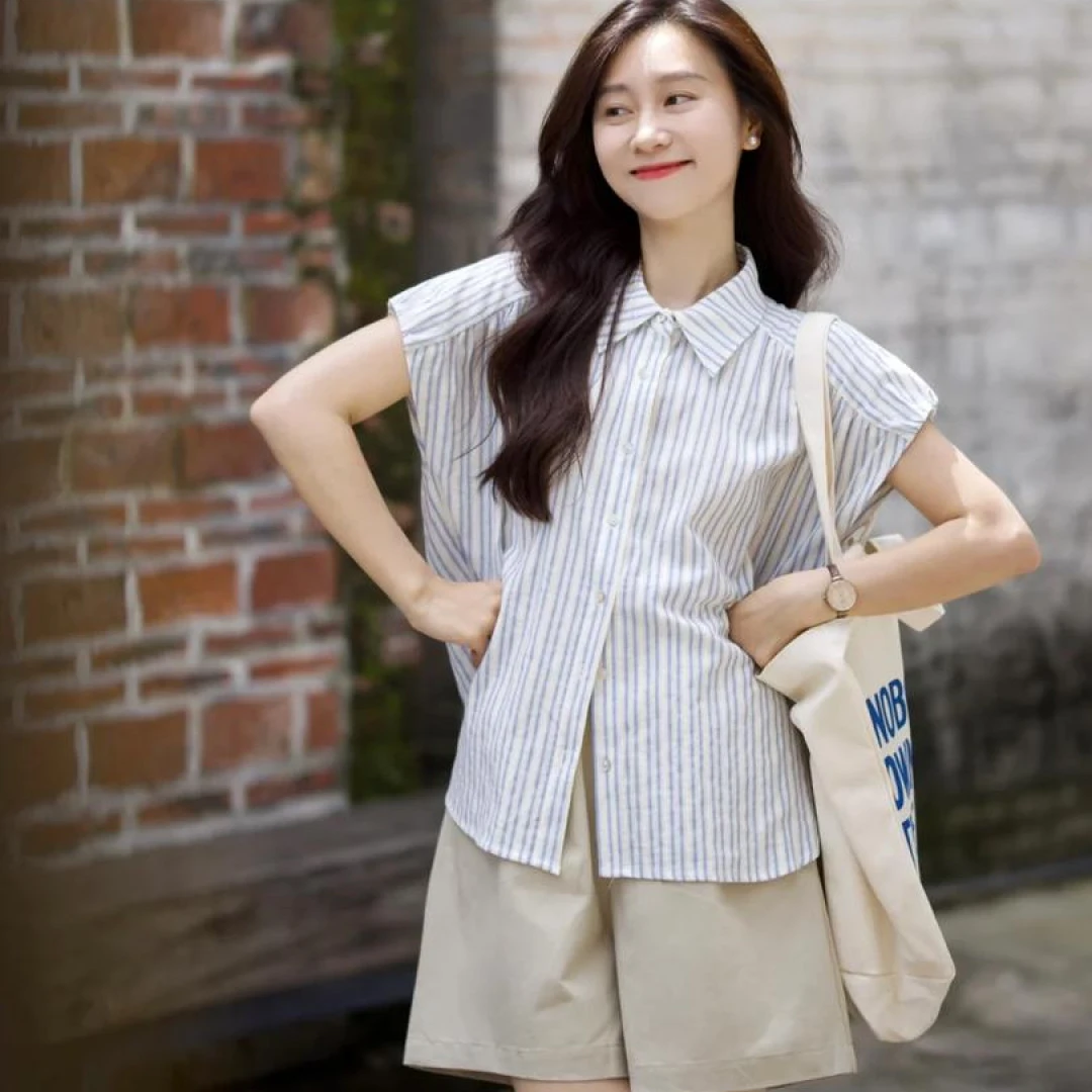 2025夏季新款搭配一整套气质条纹短袖衬衫上衣高腰显瘦百搭短裤女