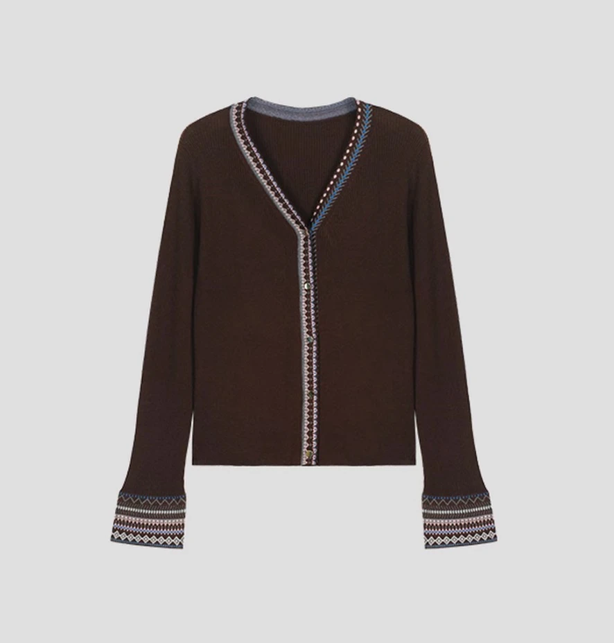 【费尔岛】精纺羊毛民族风V领嵌花针织开衫