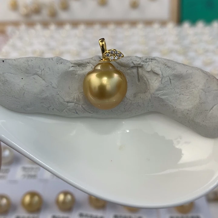 银S925镶嵌海水珍珠颈饰12.8mm南洋金珠吊坠