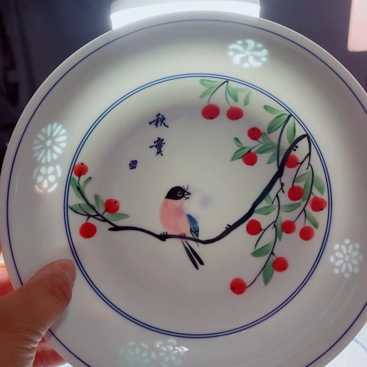 青花玲珑8寸窝盘手绘花鸟