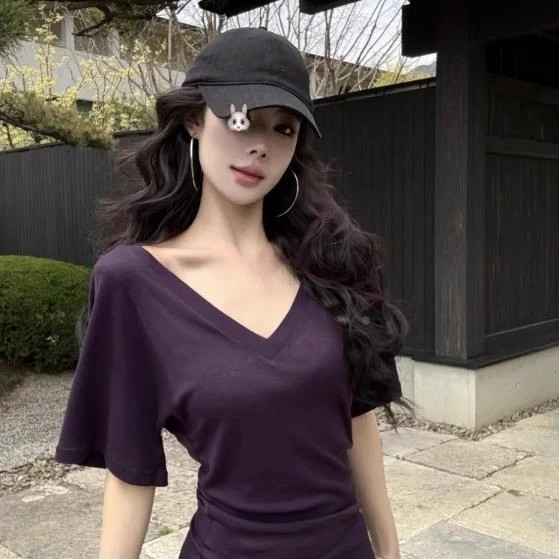 纯欲紫色领收腰短袖恤女夏季正肩体恤修身显瘦蝙蝠袖大领口上衣