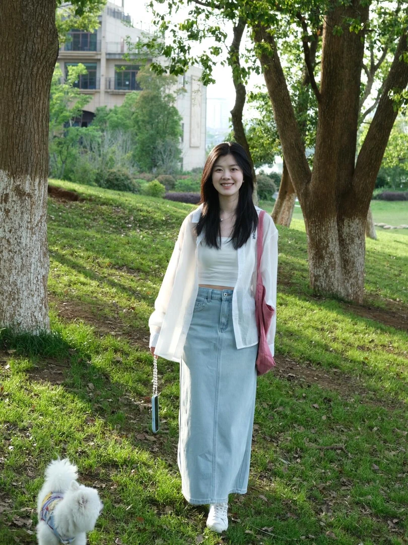 【清新时刻】韩系简约气质清新感薄款防晒衬衫浅蓝色牛仔裙套装