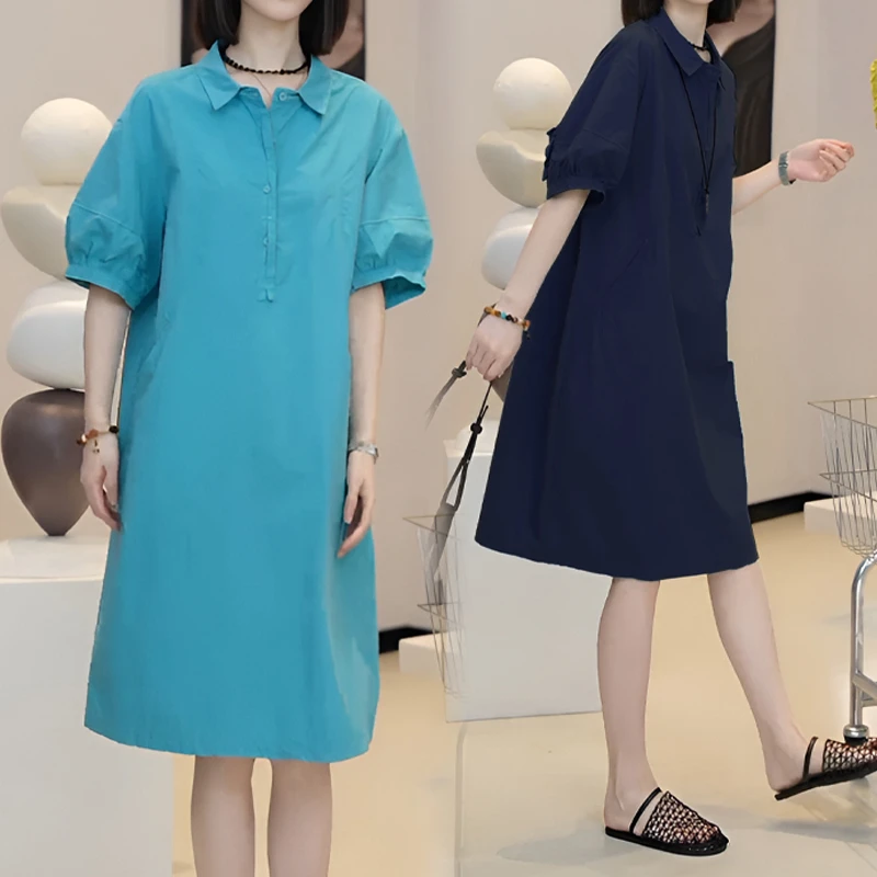 气质大码宽松休闲裙子女夏季新款时尚polo领泡泡袖显瘦衬衫连衣裙
