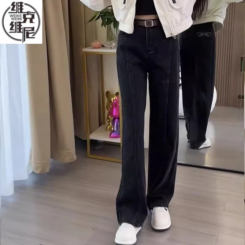 黑色蝴蝶结设计感牛仔裤女秋季新款大码宽松显瘦窄版直筒阔腿裤