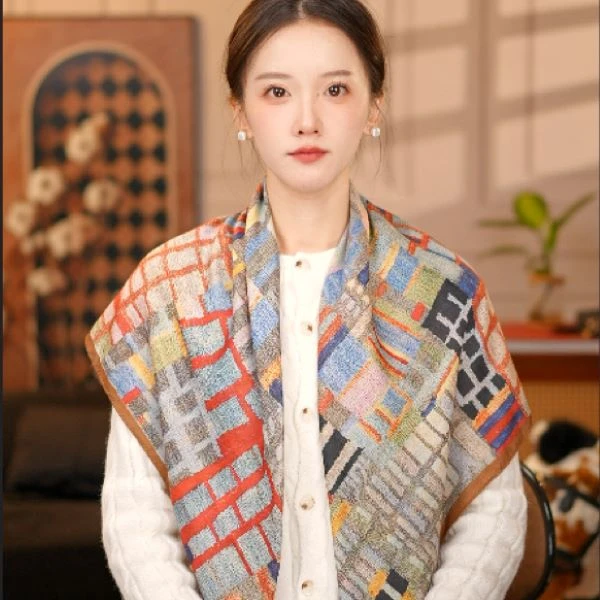 【90丝毛  印象格子】丝巾围巾高级披肩送礼复古国风