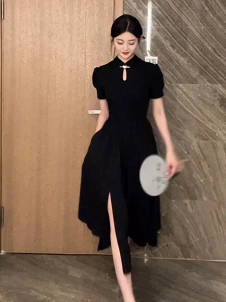 CQ033夏季新中式辣妹高端精致遮肚显瘦连衣裙赫本小黑裙收腰法式