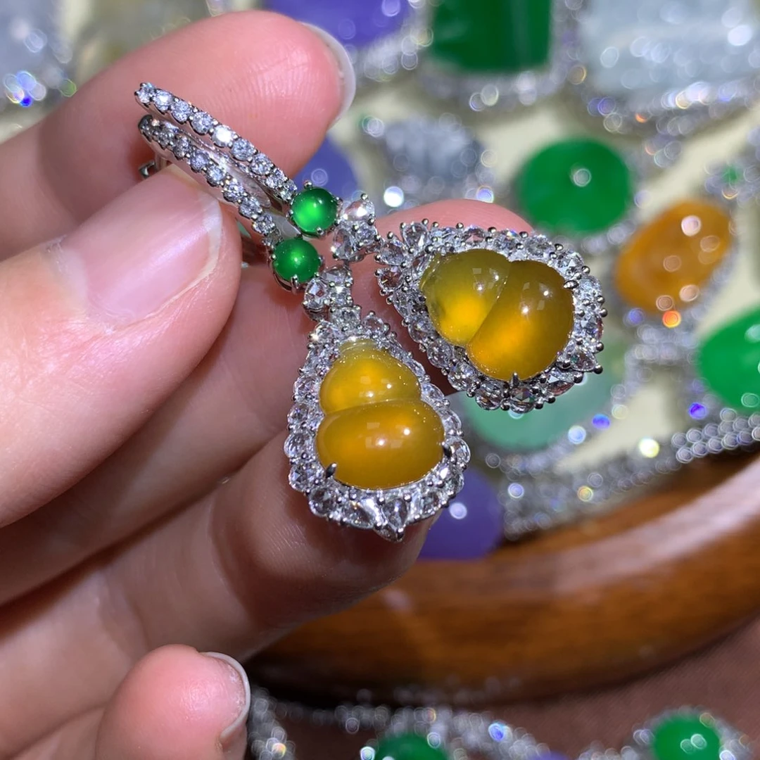 翡翠耳饰18K金镶嵌葫芦