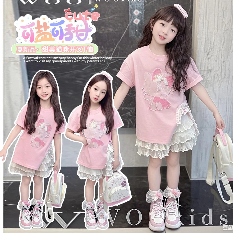 女童夏装套装2025新款儿童洋气猫咪短袖T恤女孩蕾丝半身裙两件套