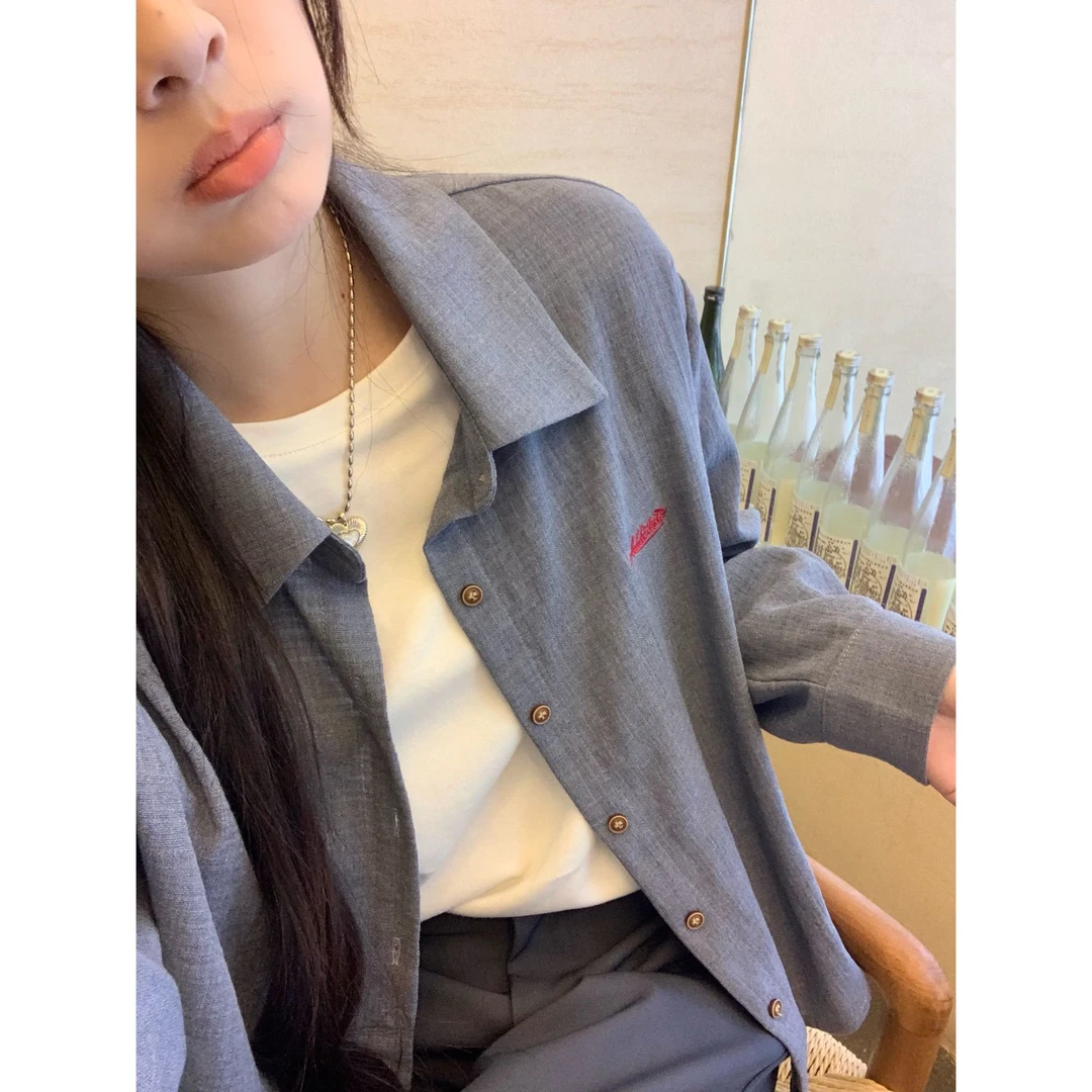 YO定制韩系简约百搭字母刺绣肌理感衬衫秋季气质休闲长袖衬衣上衣