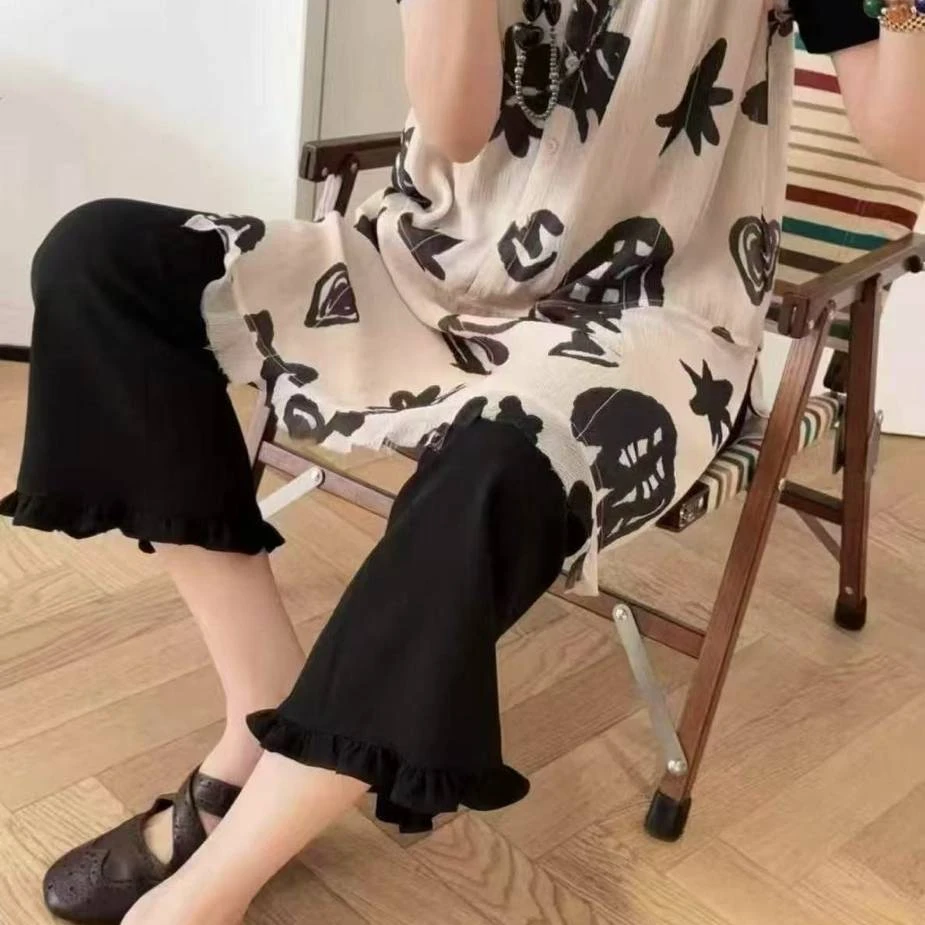 【SFF严选】以十七25夏款醋酸木耳边八分微喇裤时尚百搭0742