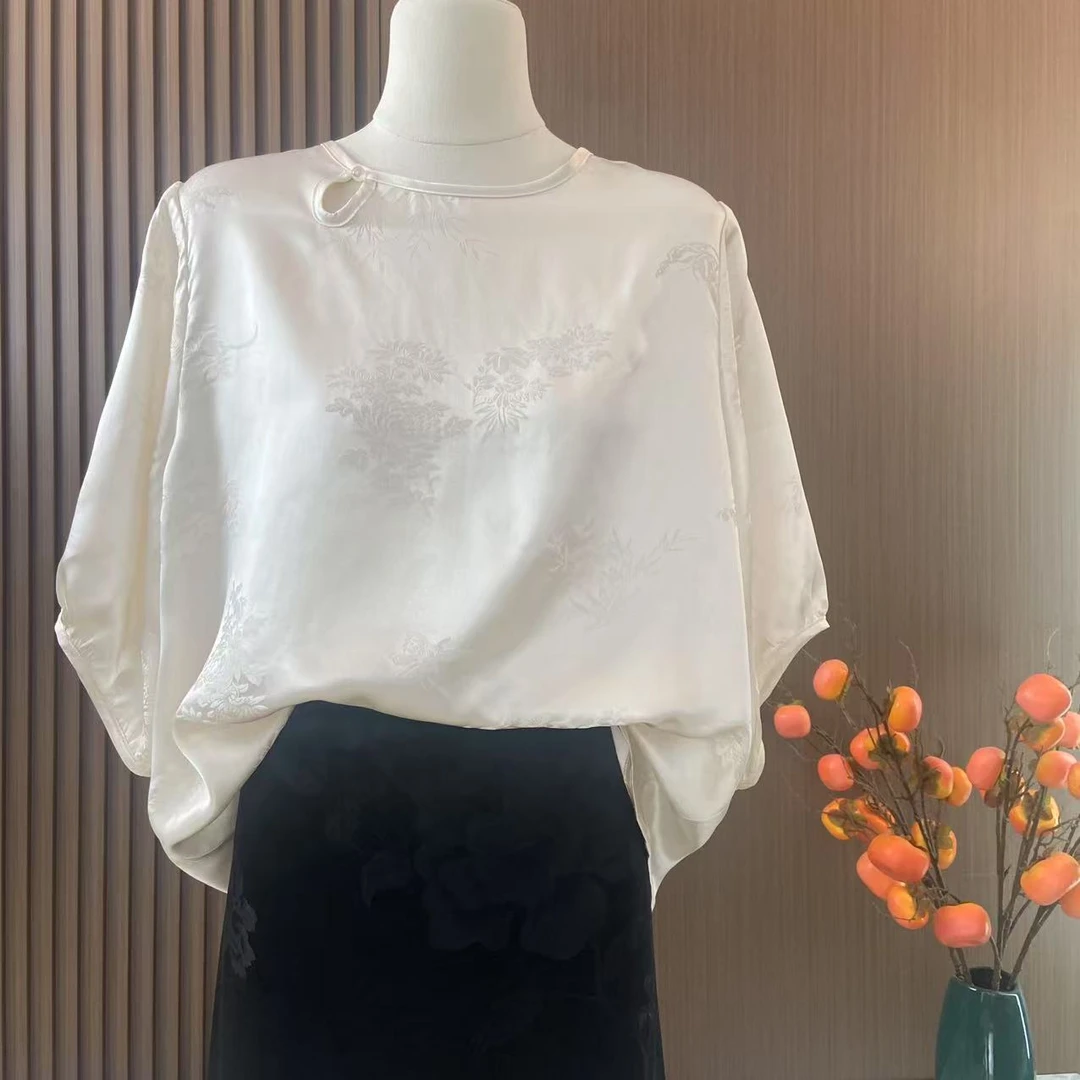 【梅竹雅韵】百分百桑蚕丝重磅桑波缎提花大袖上衣水滴扣