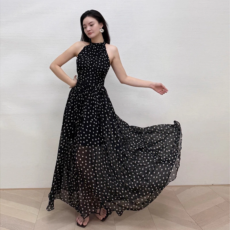 夏季A字裙波点连衣裙收腰黑色修身显瘦女装250133