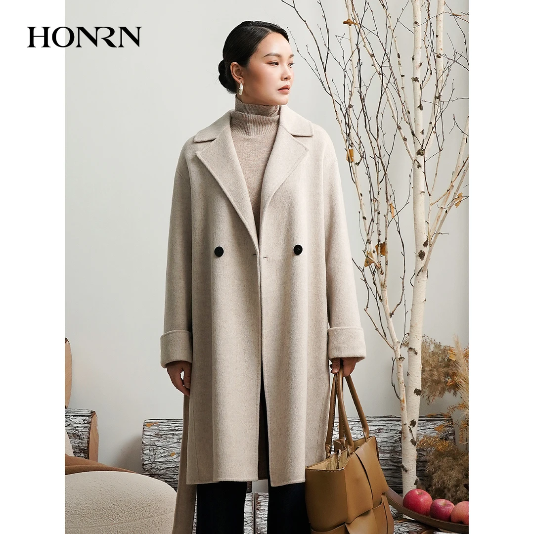 HONRN/红人简约通勤双面呢羊毛大衣中长款收腰外套女冬HK59OD013